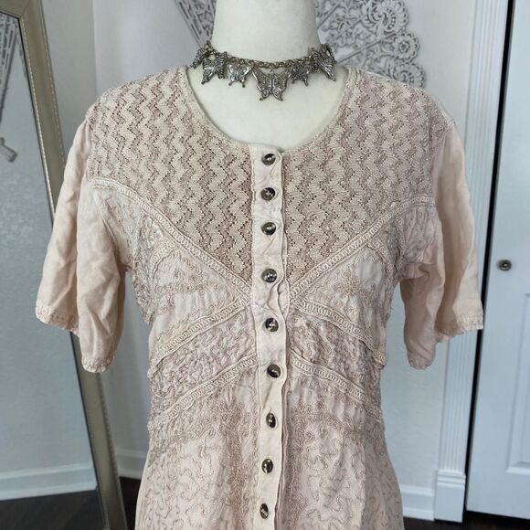 Boho Cottagecore Milkmaid Cream Tan Embroidered Lace Button Down Blouse Top OS - Picture 2 of 7